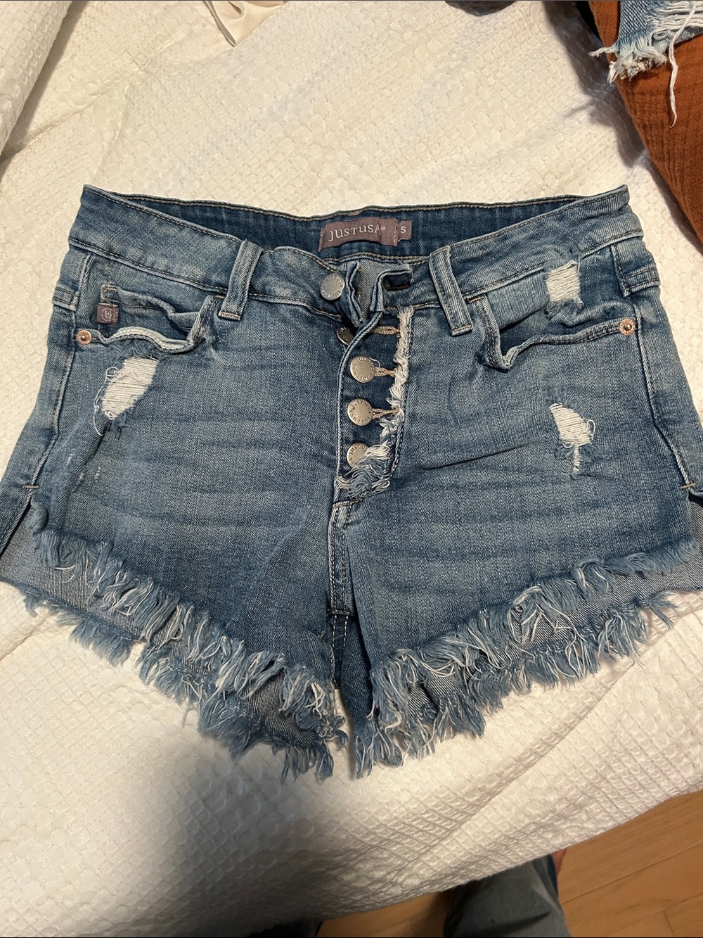 Just USA Women's Light Blue Distressed Frayed Hem Denim Shorts
